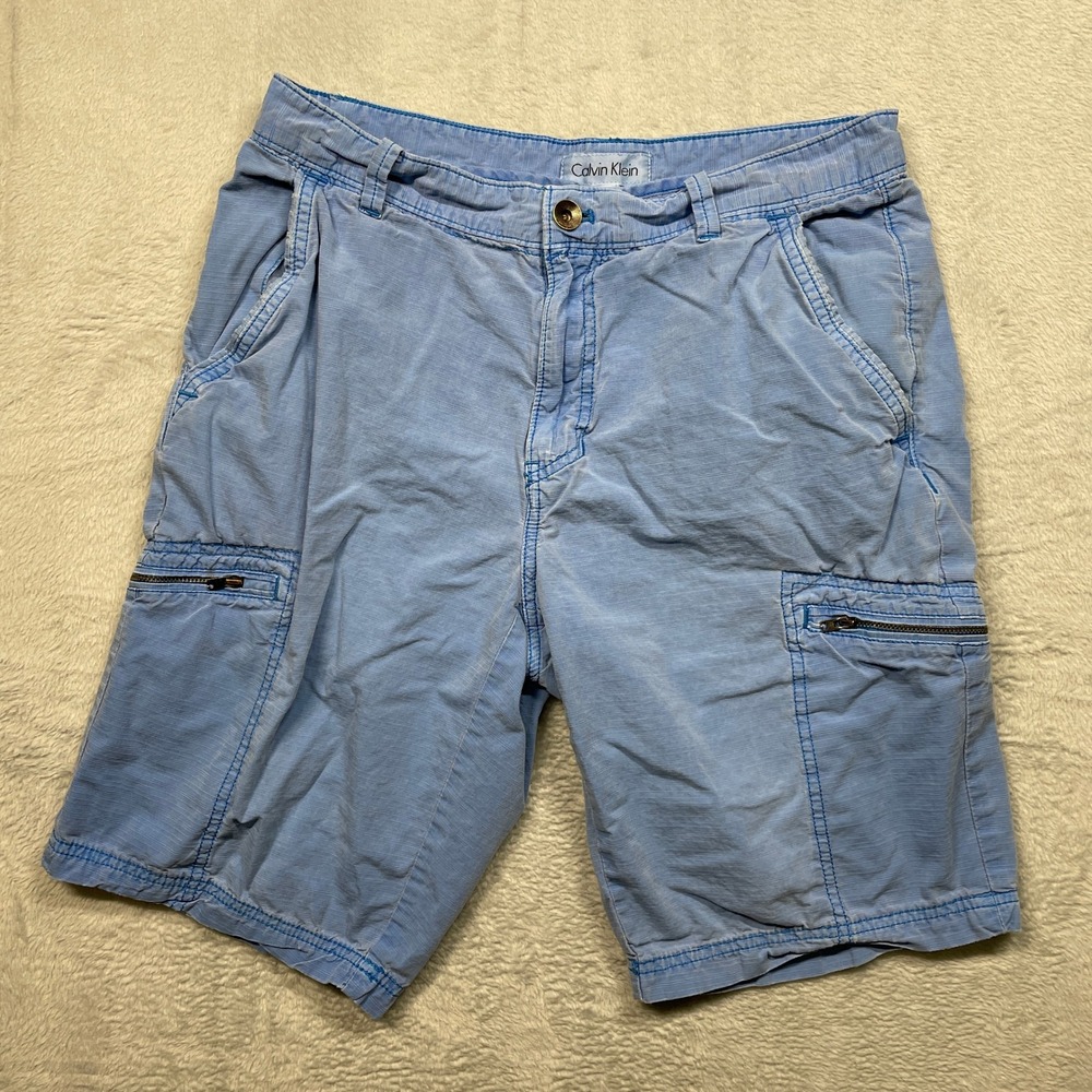 Calvin Klein Cargo Shorts Men 31 Blue Zipper Pockets 100% Cotton Ripstop Texture
